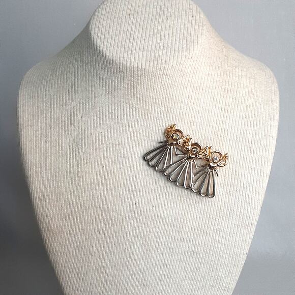 Threee Angles Brooch Open Work Gold And Silver Tones Hearts And AB Rhinestones - Picture 1 of 8